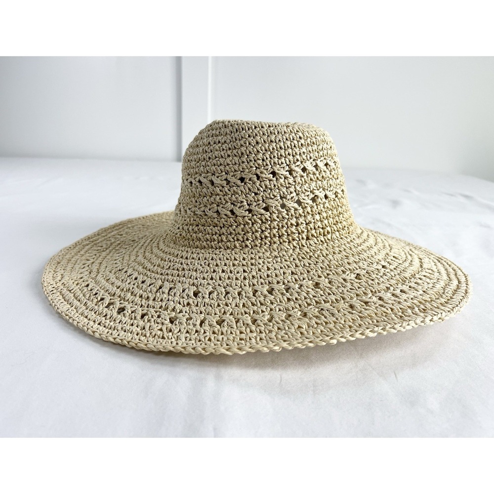 A New Day Womens Tan Floppy Straw Sun Hat Wide Brim Packable Beach Hat OS